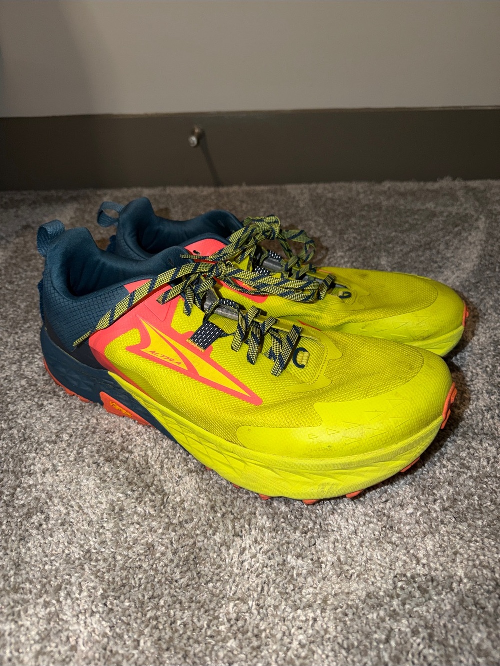 Altra Men's TIMP 5 Neon Yellow and Navy Trail Running Shoes with Coral Accents